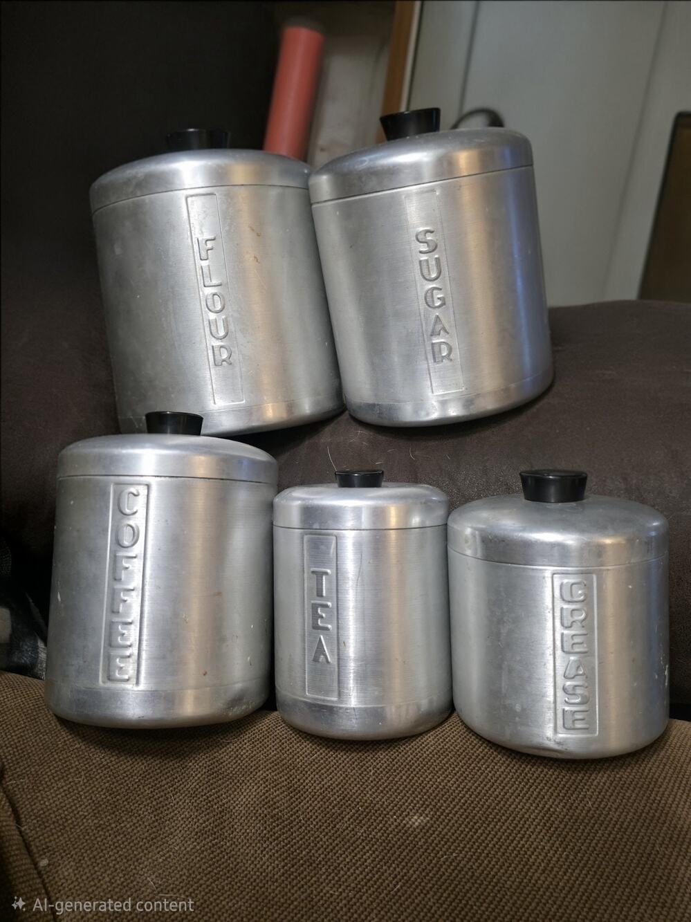 Vintage Mid Century Aluminum Kitchen Canister Set Flour Sugar Coffee Tea Grease